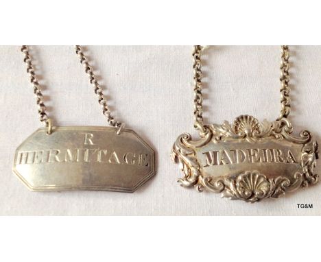 Two antique silver labels, Madeira hallmarked 1833, R Hermitage 1799