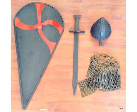 Good quality hand forged reproduction circa 1066 Norman armour consisting of helmet - chain mail head guard - sword and shiel