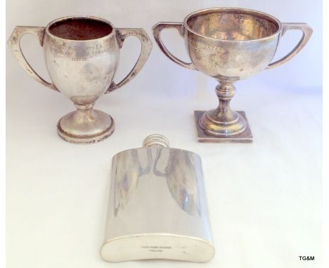 A pair of silver Trophy cups and hip flask