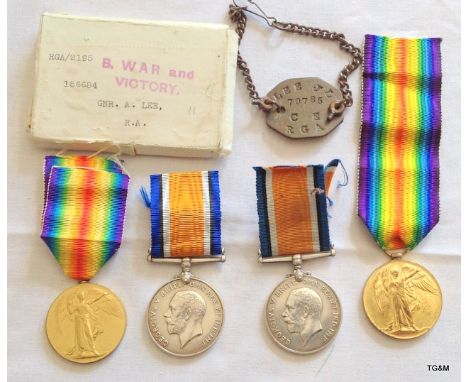 Two WW1 medal pairs to brothers who both served in the Royal Arillery - to 156684 Gunner A Lee complete with medal box and 70