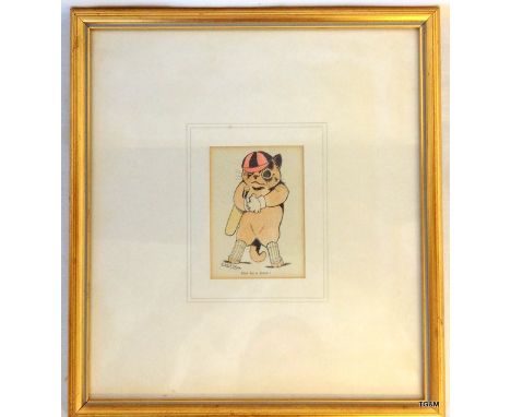 A gilt framed Louis Wain hand coloured print of a cricketing cat 27 x 24cm 