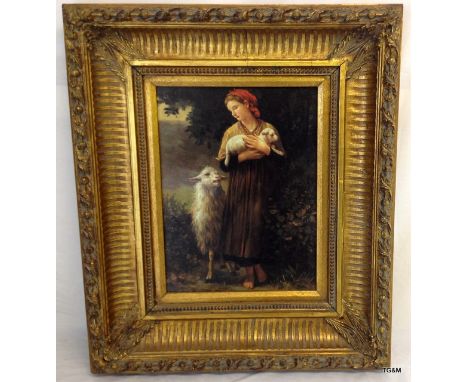 An antique gilt framed, pre-Raffalite print of a shepherdess, 69 x 57 cm 