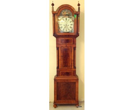 A Victorian Flame Mahogany 8 Day Grandfather clock with subsidiary Dials hand painted face 230h x 55w x d24