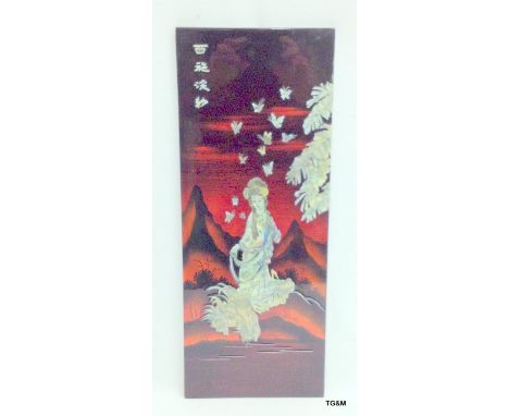 A Japanese lacquer panel inlaid with a mother of pearl Geisha Girl signed 49 x 19cm
