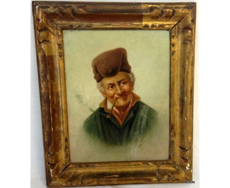 A signed French oil on board depicting a man smoking a pipe in gilt frame 