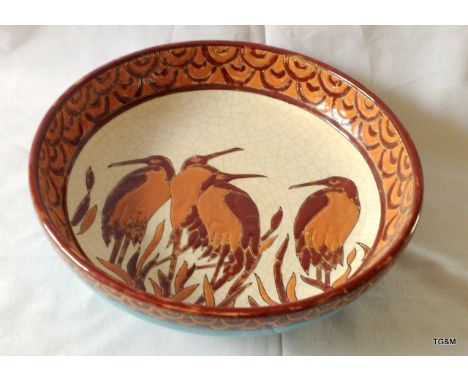 A Longwy style ceramic bowl depicting birds