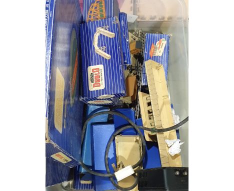 A box of Hornby Dublo 3-rail Track and Accessories including Marshall Controller, two Turntables, Footbridge, etc. 
