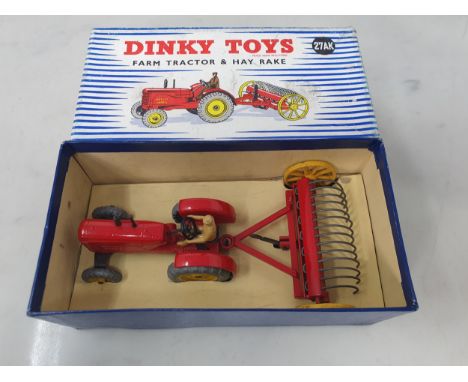 A boxed Dinky Toys No.27AKMassey Harris Tractor and Hay Rake, Ex, box VG-Ex 