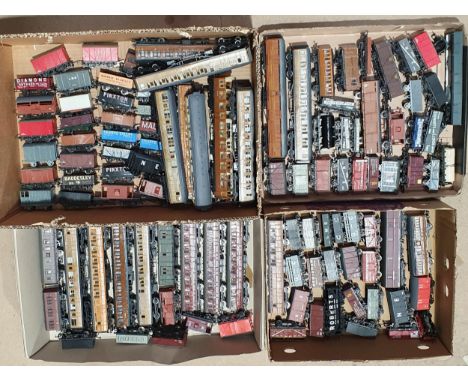 Four boxes of unboxed Hornby, Peco, Bachmann, Lima and other 00 gauge Wagons and LNER teak Coaches (some A/F) 