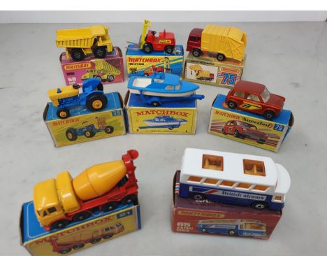 Eight boxed Lesney Matchbox and Superfast Vehicles including 15 Fork Lift Truck, 9 Cabin Cruiser, 21 Concrete Truck, 39 Ford 