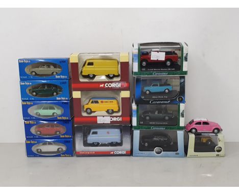 Thirteen boxed 1:76 scale diecast model Vehicles including Corgi, Base-Toys Ltd. and Oxford, and an unboxed VW Beetle 