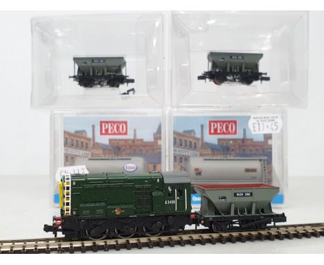 A Graham Farish by Bachmann N gauge 08 Class diesel Shunter (one side cover missing), two boxed Graham Farish Iron Ore Wagons