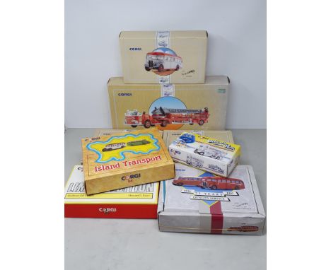 A boxed Corgi Classics American Lafrance Aerial Ladder Truck and seven boxed Corgi Commercial Coaches and Sets 