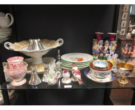 Six EPNS fox hunting stirrup cups, various 19th century English pottery dinnerwares and a Sevres cabinet cup and stand and ot