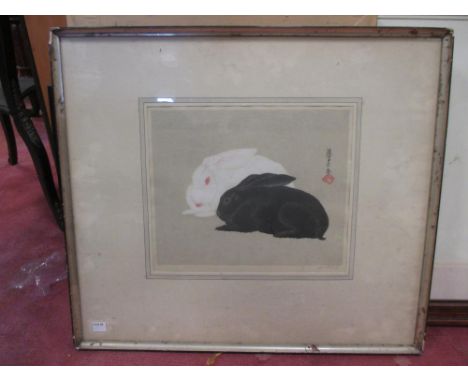 Chinese School, a print of black and white rabbits, signed in pencil, 27 x 31cm  