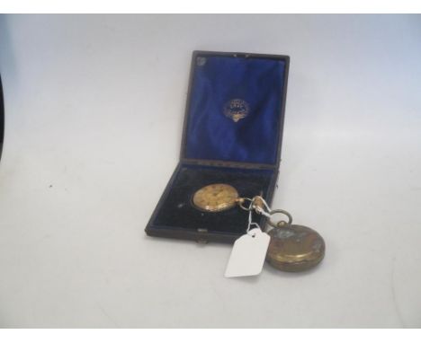 W Gray, Leicester - an 18ct gold cased open face fob watch, with engraved gold coloured dial, black Roman numerals, case mark