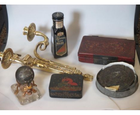 A Russian lacquer table box, another, a tortoise clock, a cased seal, brass wall light, etc  