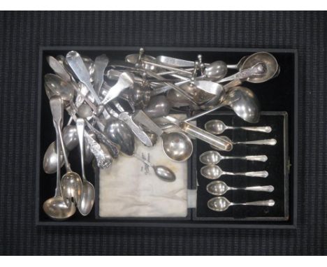 A quantity of silver flatware to include a Georg Jensen pyramid pattern preserve spoon, a matching caddy spoon, Georgian Scot