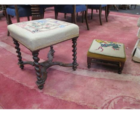 A square stool with spiral legs and X pattern stretcher rails with modern needlework upholstered top, a square footstool with