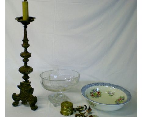 Copper lamp, heavy cut glass bowl AF, wash bowl, brass lidded pot & lead toys mostly broken