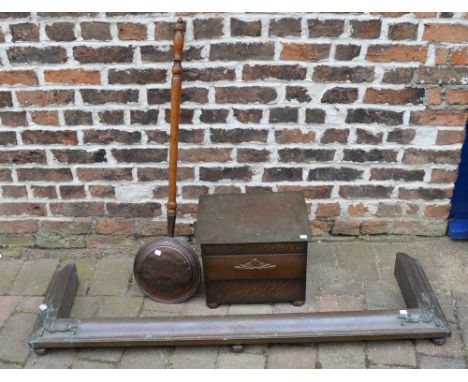Small copper coal chest, fender & bed warming pan