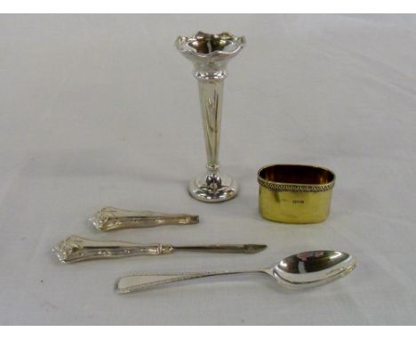 Georgian silver teaspoon Sheffield 1830, specimen vase Birmingham 1953, manicure tool and spare handle Birmingham 1916 & hip 