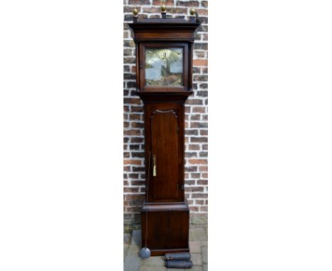 Georgian 8 day brass face longcase clock by James Kirkham, Holywell in an oak case with quarter turned pillars to trunk &amp;