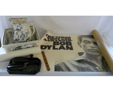 Ivory ware toilet set, poster of Bob Dylan & print, dressing table set etc