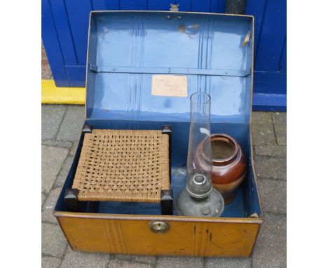 Tin trunk, footstool, paraffin lamp etc