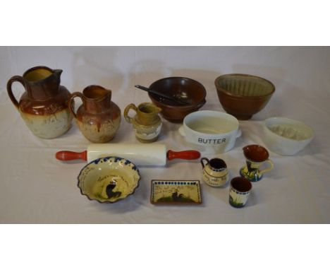 Kitchenalia including salt glaze jugs, motto ware, rolling pin etc