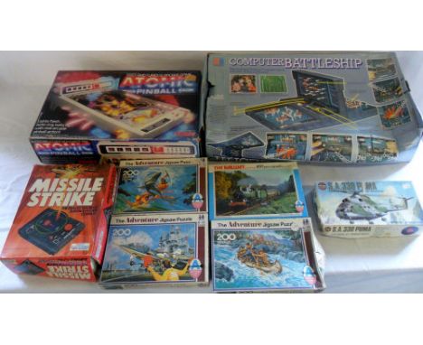 MB Computer Battleship (af), Tomy atomic pinball, Palitoy Missile Strike, jigsaw puzzles, Airfix SA 330 Puma Helicopter & Tom