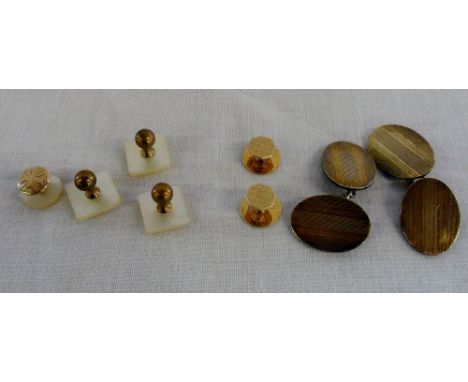 Pair of silver and gold plated cuff links, 2 9ct gold shirt studs with 3 mother of pearl and possibly gold shirt studs & one 