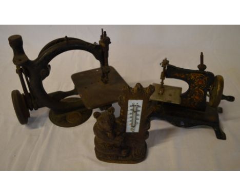 2 miniature sewing machines and a Black Forest style bear thermometer