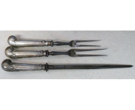 2 Silver handled carving forks and a sharpener Sheffield 1951 Maker Harrison Brothers & Howson