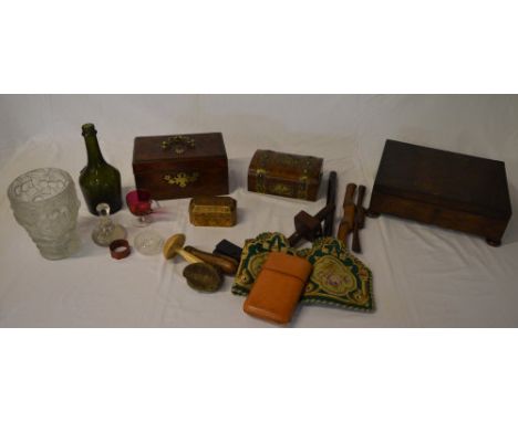 Wooden boxes, woodworking tools, cranberry glass etc