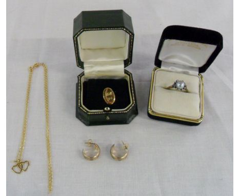 9ct gold necklace and heart pendant, pin badge and earrings & 14ct white gold pearl ring