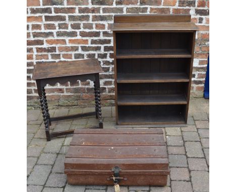 Tin trunk, bookcase & occasional table with barley twist legs