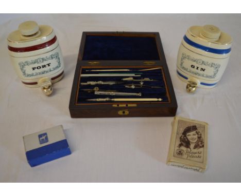 2 Wade ceramic kegs, boxed part draftsman's tools & 2 sets of playing cards