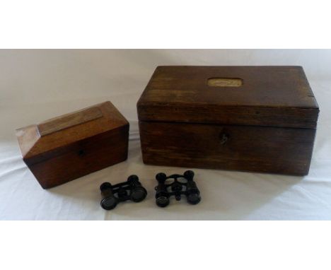 Wooden writing slope & sarcophagus shaped tea caddy (both af) & 2 pairs of binoculars