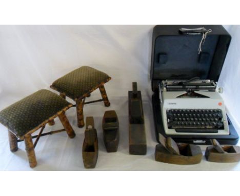 Portable typewriter, 2 bamboo stools & various wood planes