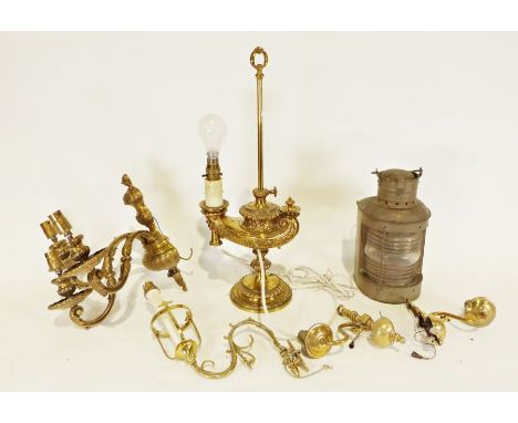 Brass table lamp, a metal lantern&nbsp;and a twin-branch brass wall light&nbsp;(1 box)&nbsp;

