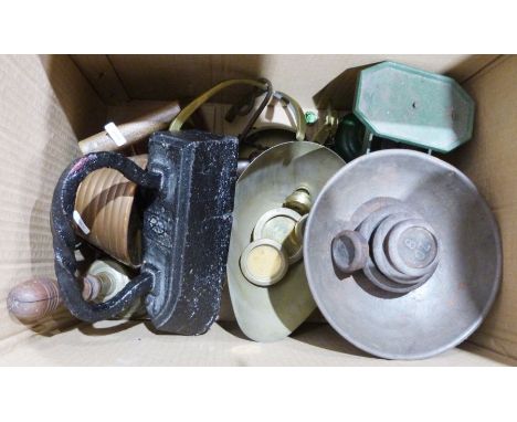 Metalware to include kitchen scales, balance scales, flat iron, etc (1 box)&nbsp;
