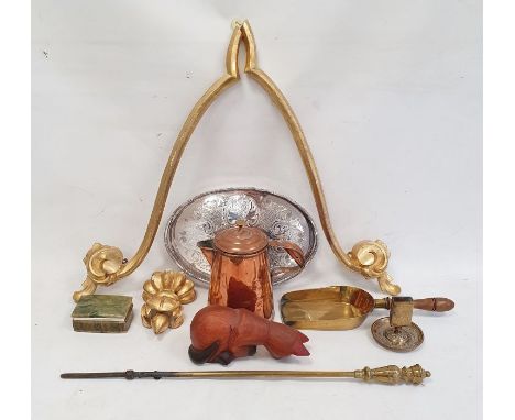 Carved and hinged giltwood wall bracket&nbsp;in the form of a pair of foliate scrolls, a lidded copper jug, fire tools&nbsp;a