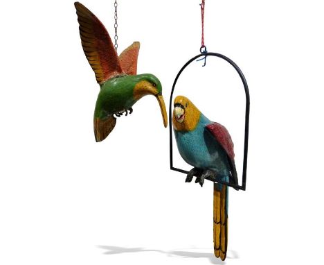 Papier mache model&nbsp;of a parrot, a papier mache model&nbsp;of a hummingbird and a wooden model&nbsp;of a penguin (3)&nbsp