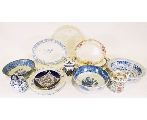 Two Prattware pot lids, a Moyses Stevens blue and white bowl, various chinaware&nbsp;and prints&nbsp;(3 boxes)&nbsp;

Conditi