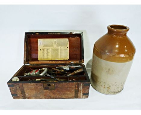 Wooden tool box&nbsp;containing various tools and a large stoneware jar&nbsp;(2)
