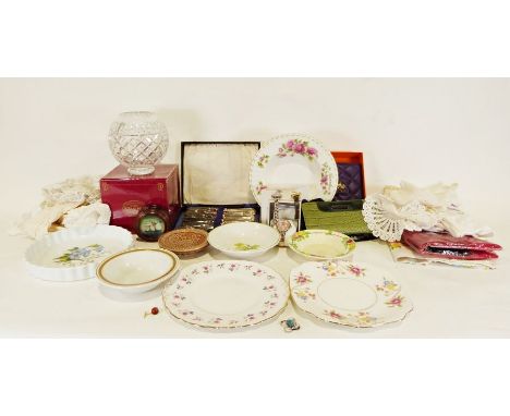 Bohemian cut glass bowl, a silver-plated knife and fork set, a Kate Spade purse, a leather handbag,&nbsp;various china, watch