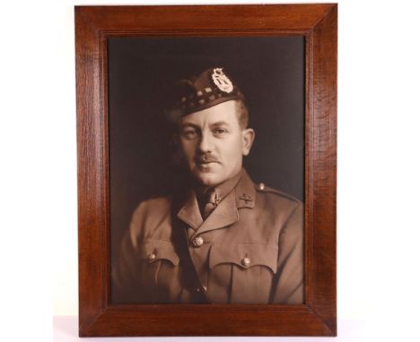 Large WW1 Framed Studio Portrait Photograph of a Territorial Officer in the Gordon Highlanders, housed in a large glazed wood