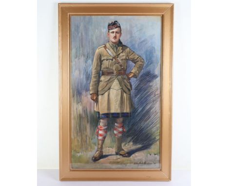Large Portrait Image of a WW1 Scottish Officer, fine circa 1917 mixed media rectangular picture of a Scottish officer in full