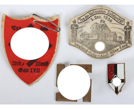 WW2 German Badges: Two early paper day badges, Saar badge and enamel badge. 4 items 